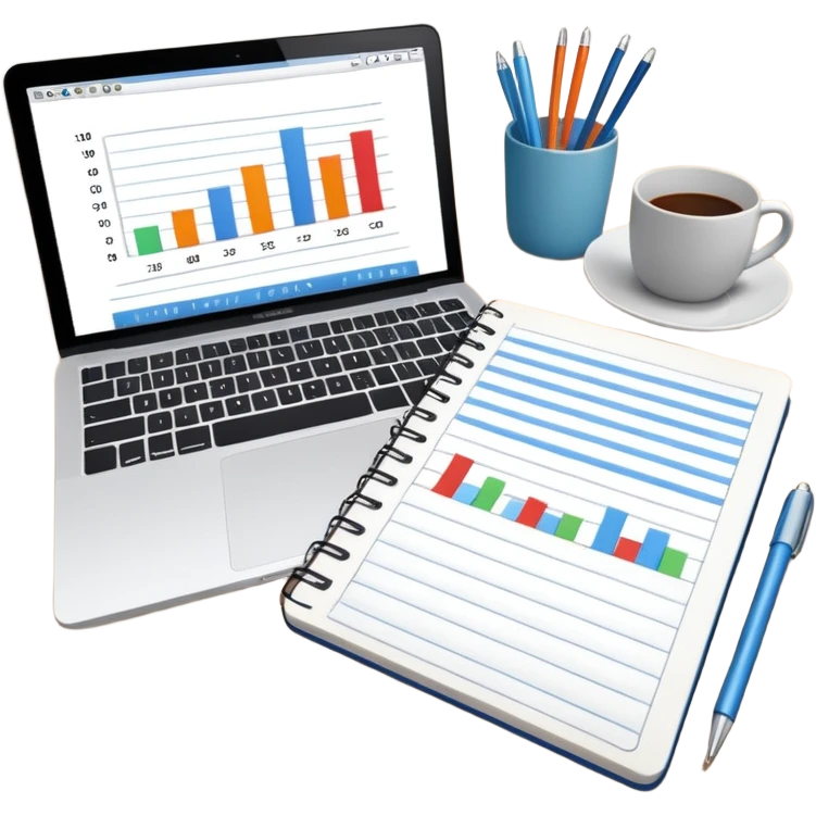 top view of a MacBook and a notebook with a pen nearby, notebook pages filled with handwritten bar charts emoji
