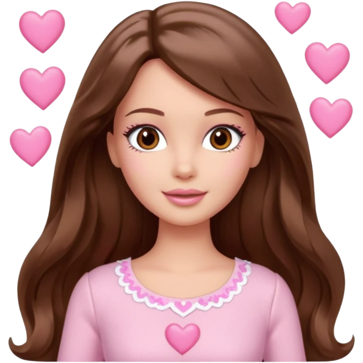 Barbie girl brown long straight wavy hair and brown eyes is In pale pink clothes There are pink hearts all around emoji
