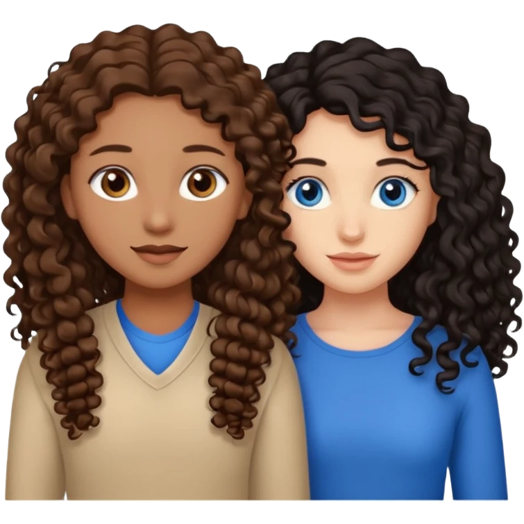 Two best friends .bestie 1: beige skin with brown long hair and blue eye. Bestie 2:mixed race skin with curly black hair and brown eye emoji