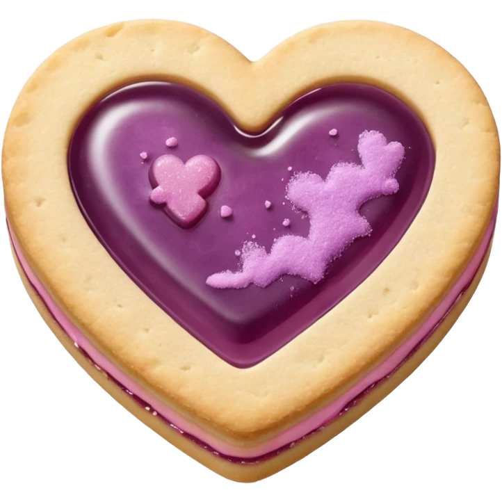 Realistic shortbread cookie in the shape of a heart with mauve jelly middle filling and sprinkled powder sugar on top. emoji