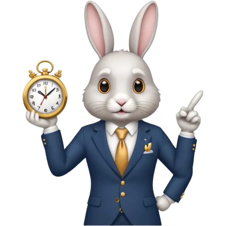 A rabbitwearing a suitand holding a clockand pointing at the clock emoji