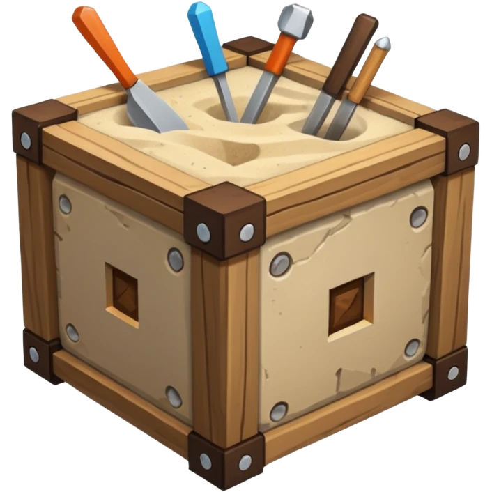 crafting table with tools, stone, wood, glass, sand, ... like a minecraft style cube crafting table emoji
