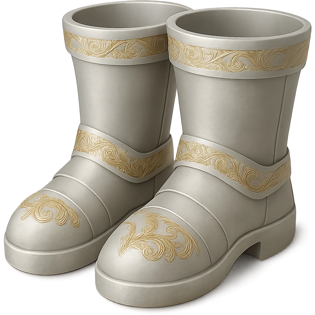 Recolor these boots to a very light metallic silver color with subtle, elegant gold engravings. The gold tone and style should match the gold tone of the provided silver shield reference, with the gold being soft and not too yellow or green. The background should be transparent. emoji