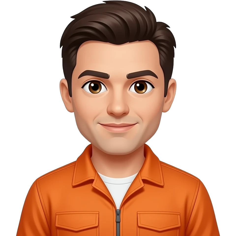 a man with dark brown hair and brown eyes wearing an orange jumpsuit emoji