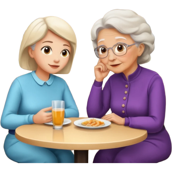 conversación dentro de un restaurant  dos personas y una de las persoans sea una abuela y el otro un adulto de 27 años mujer abuela y hombre joven emoji