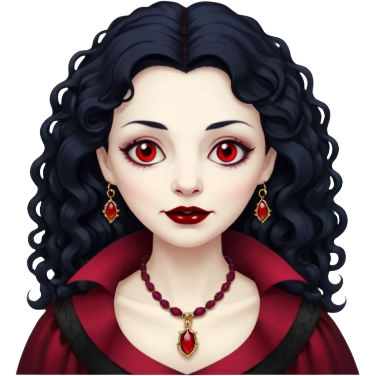old Vampire lady Pale queen with ruby necklace, curly black long hair emoji