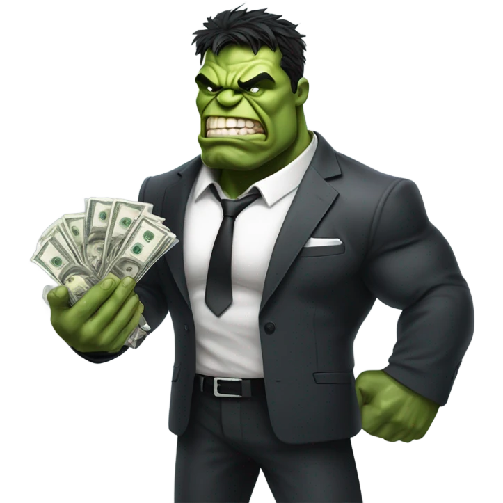 Hulk in ripped business suit offering money emoji