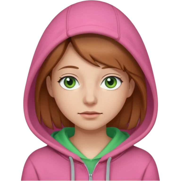  Una donna con una felpa semplice rosa,i capelli sono lunghi fino alle spalle marroni chiaro,gli occhi sono verdi  emoji
