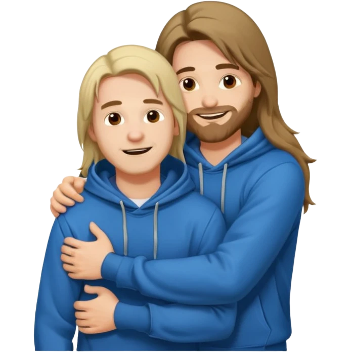 two happy men with long hair hugging, in hoodies emoji
