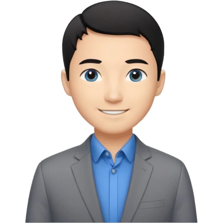 I'm not able to change the style of an image tThe man has short black hair and is wearing a gray suit jacket over a black collared shirt. He is standing in front of a white wall. The man's facial expression is smiling and he has asian type blue eyes. emoji