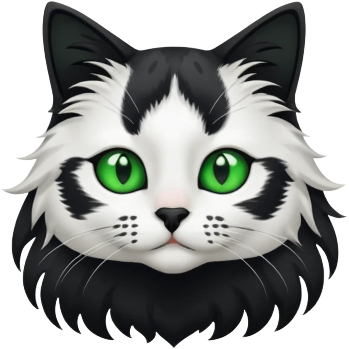 black and white long hair cat. green eyes. black nose. black splotch in the shape of a star near nose (on the right side). white chest. emoji