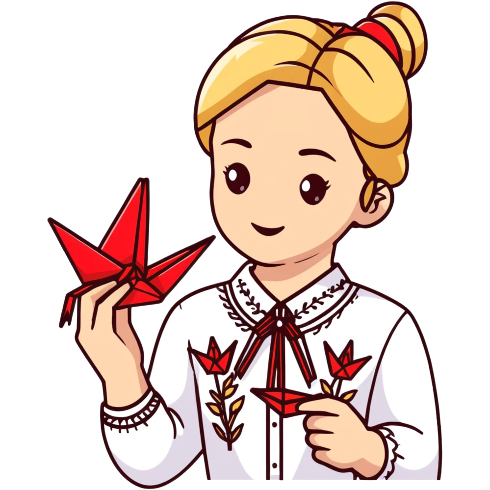 Ukrainian young girl with blonde braided hair wearing a white traditional embroidered shirt (vyshyvanka) holding a red origami paper crane in her hands emoji