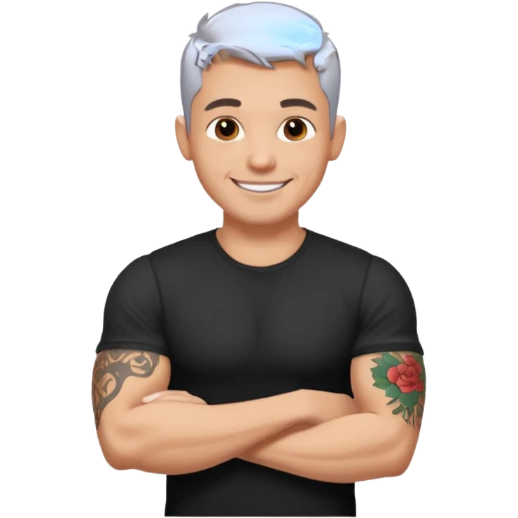 un homme de 35 ans, cheveux très court gris, qui sourit, musclé avec un seul bras tatoué et un tee shirt noir emoji