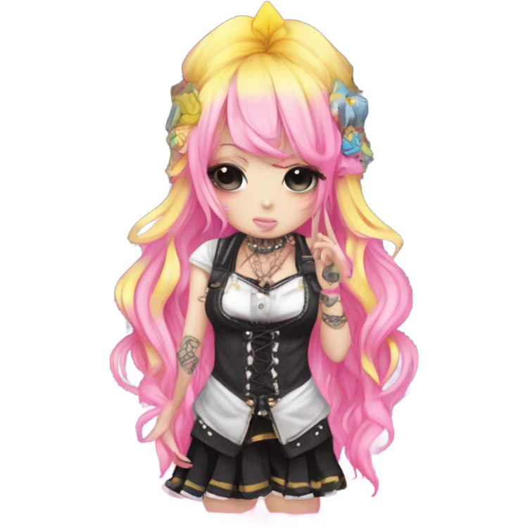 Blue eyed long eye lashes pout blonde and pink hair pale hime gyaru girl, hot pink and yellow split-dyed hair, nose ring, elf ears, dark makeup, punk clothes standing next to three diffrent men praying on their knees emoji