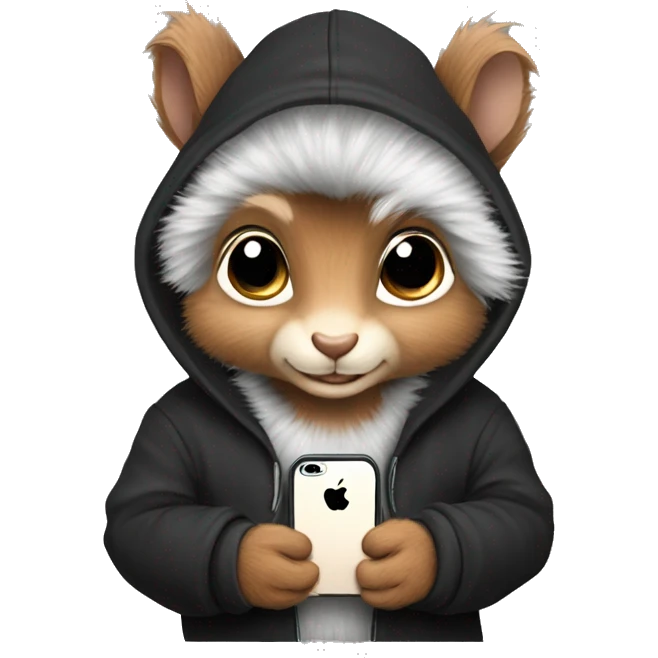 Cute realistic fluffy Squirrel with fluffy ears in black hoodie holding an iPhone  emoji