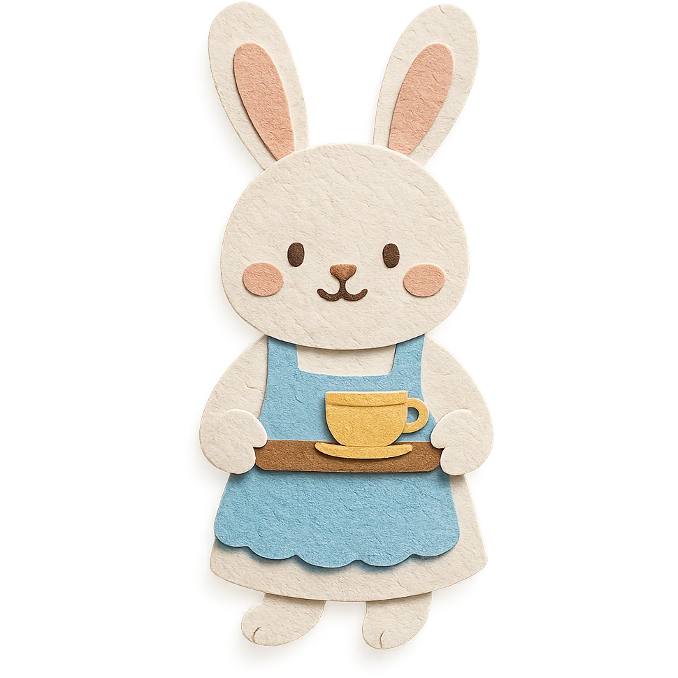 highly detailed, high quality paper craft style illustration of a white bunny in an apron holding a tea tray, intricate textures, soft lighting, delicate cut-paper details emoji