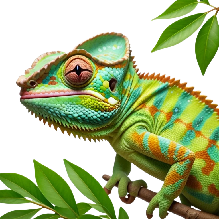 cinematic giant-tongue out chameleon-realistic emoji, mouth wide open with tongue out, -blending-with-vibrant-greenery.-detailed-scales-in-shifting-colors,-showing-the-chameleon’s-ability-to-camouflage.-soft-natural-light-highlights-its-texture.-light-background, zoomed into its face emoji