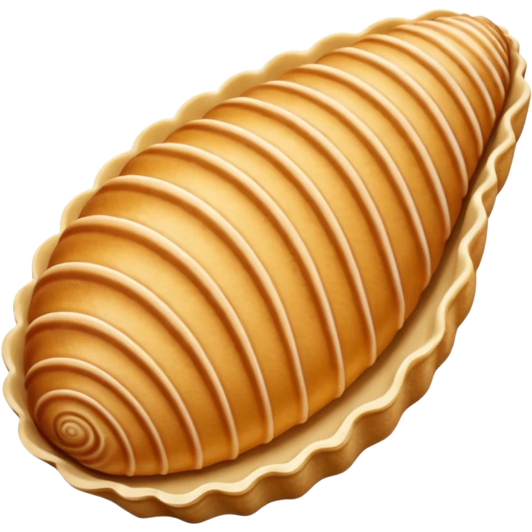 A madeleine pastry. Oval seashell shape with ONLY four to five vertical lines going in the same direction. Light golden brown. Scalloped edge. Cookie. Flat. Long. Oval shape. Lets scallops. Only four or five scalloped lines emoji