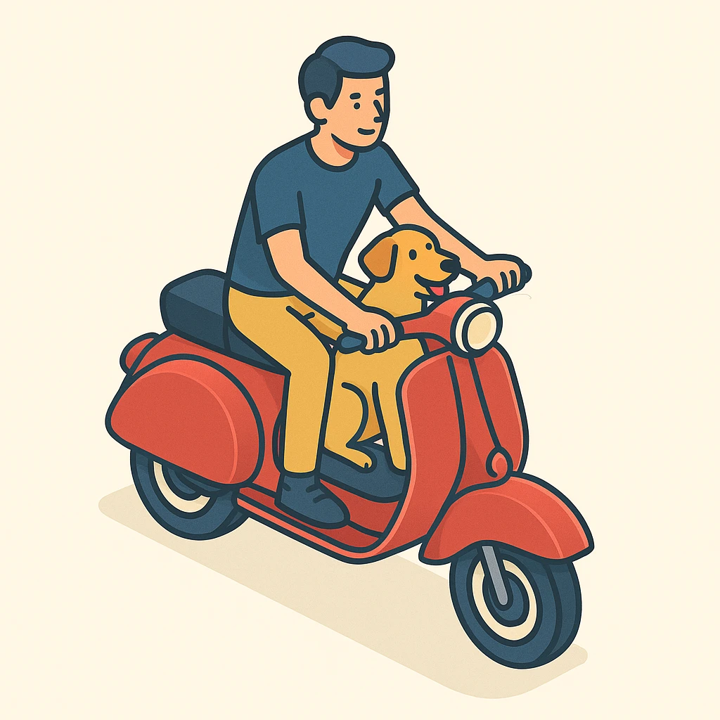 man and his pet dog riding a vespa emoji