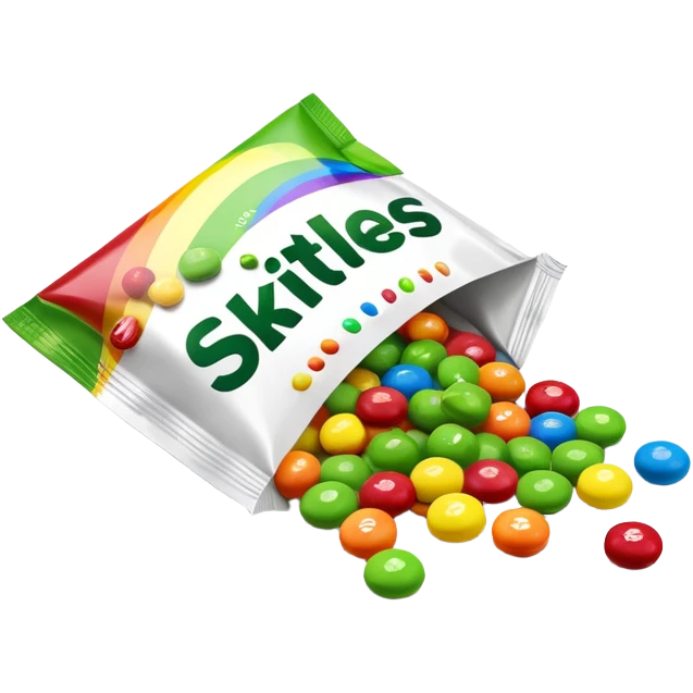 A Skittles candy package opened from the top with green candies spilling out. Minimalist design with rainbow packaging. emoji
