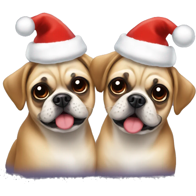 Two happy pugaliers with Christmas hats emoji