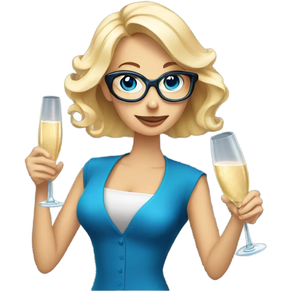 À blonde woman with blue eyes wearing glasses opening a bottle of champagne emoji