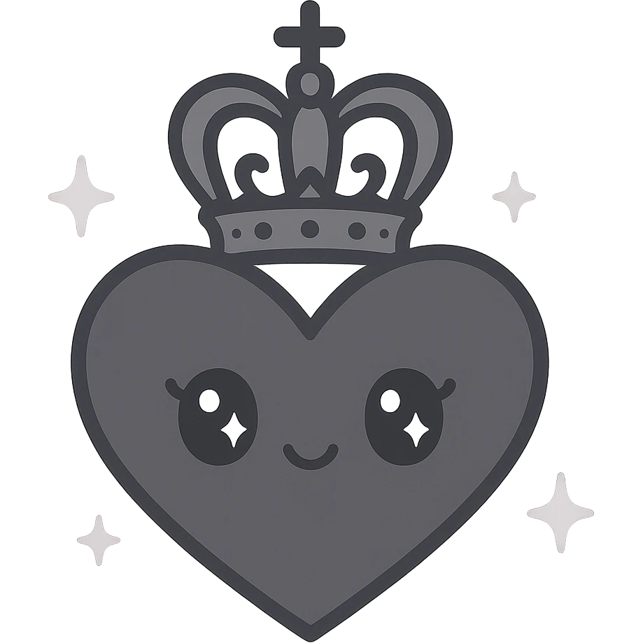 black gothic heart with a gothic crown, ornate, dark, elegant, kawaii style, with cute sparkles emoji