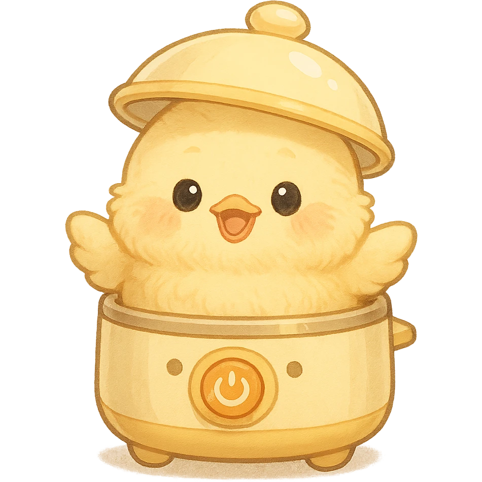chibi soft fluffy chick designed as an egg cooker appliance-animal hybrid, popping out of the lid, smiling brightly, soft yellow tones, full-body, transparent background, 电器拟动物风格 emoji