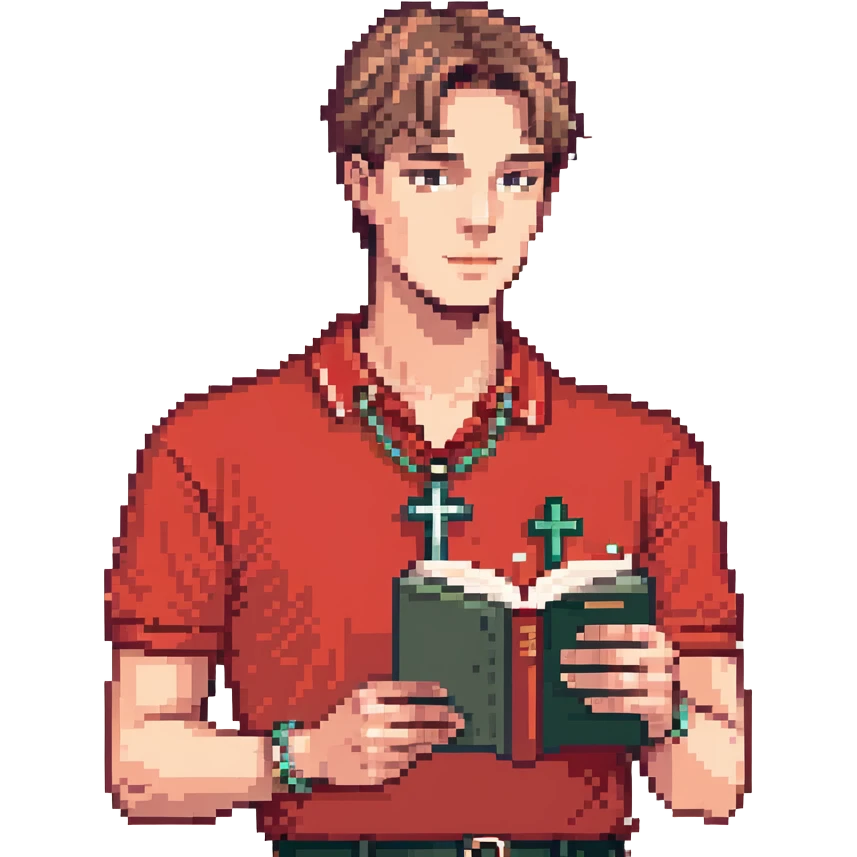 head-to-toe man with red polo shirt, cross necklace, tidy haircut, holding a book, simple background emoji