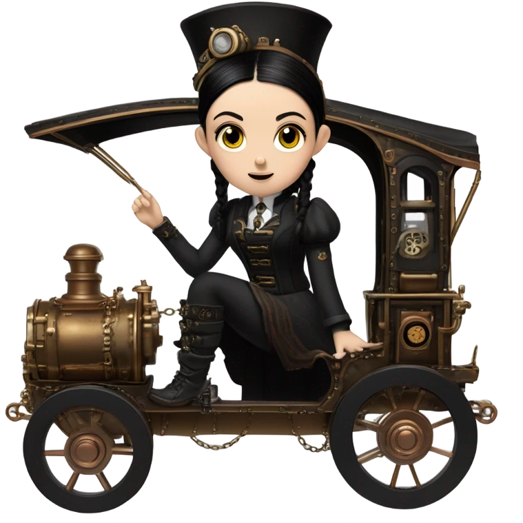 Wednesday Addams driving a steampunk electric wagon emoji