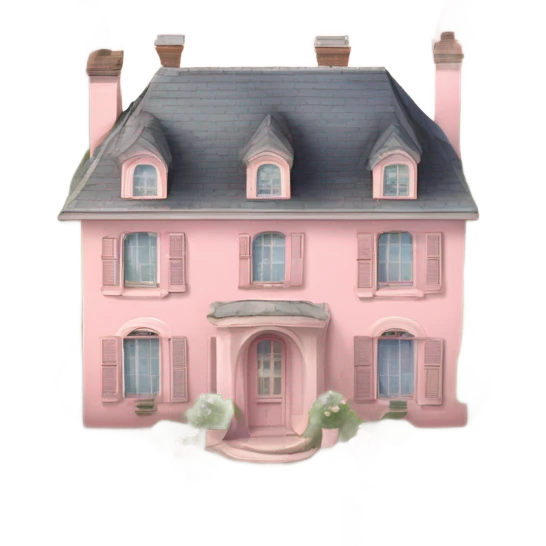 pastel pink 19th century house surrounded by amazing french style garden with rose bushes and apple tree orchards and water fountains emoji