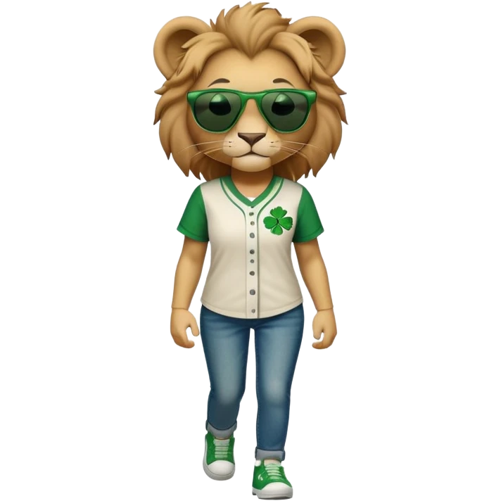 confident anthropomorphised female lion wearing baseball shirt and jeans with shamrock and green accents, dark sunglasses, walking upright, looking self-assured emoji