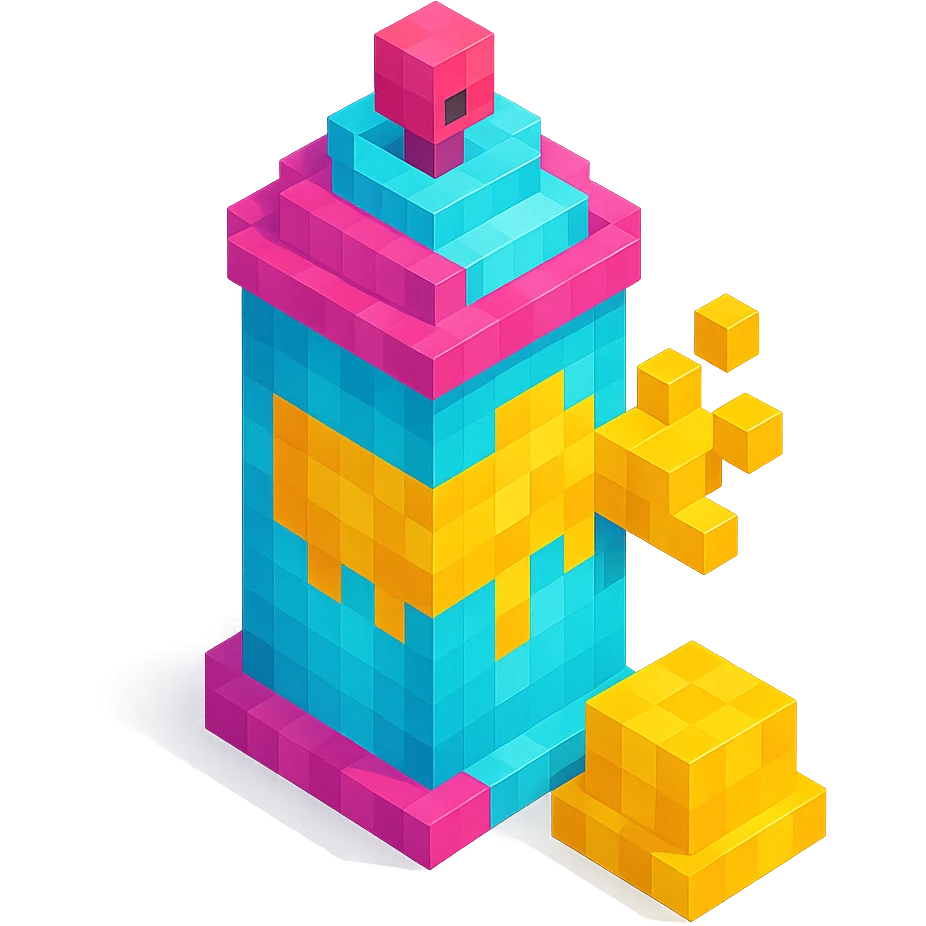 voxel style spray paint can with gold paint, cap off, isometric view emoji