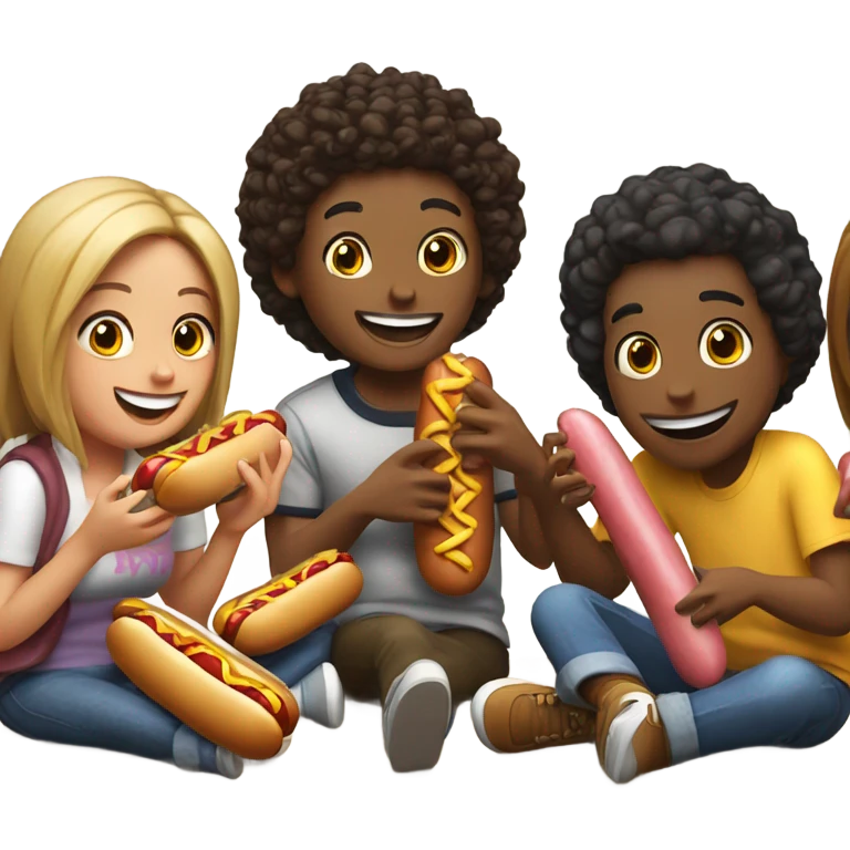 friends playing video games while eating hot dogs and giggling emoji