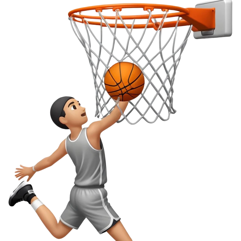 Basketball stretching the net as it goes through, dynamic action shot, iOS emoji style emoji