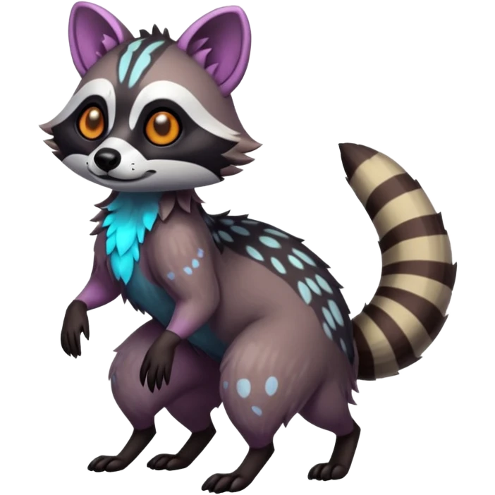 Rare warm-colored exotic edgy epic aesthetic gloomy spooky dark modern colorful cyber-Genet-Trico-Raccoon-Dingo-Civet-species-Fakemon-hybrid-creature, with beautiful intricate markings, full body emoji