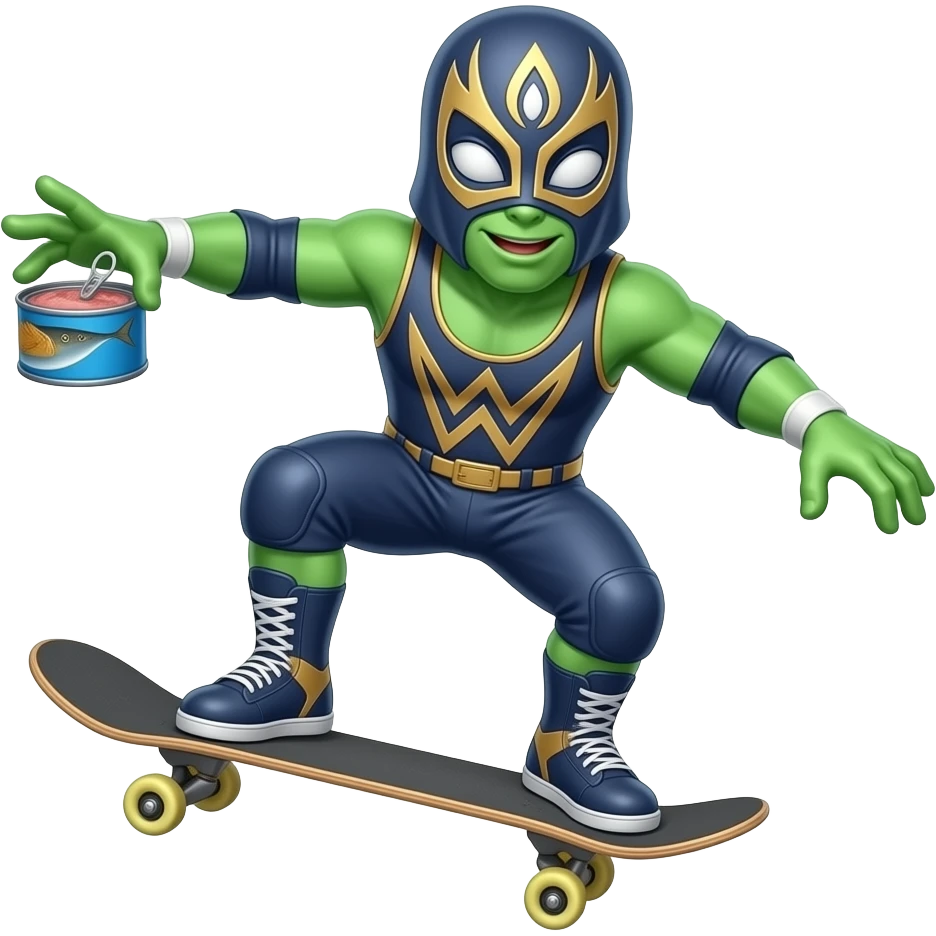 An alien on a skateboard doing a trick while holding a tuna can while wearing the wrestler macho man’s outfit while still being an alien emoji