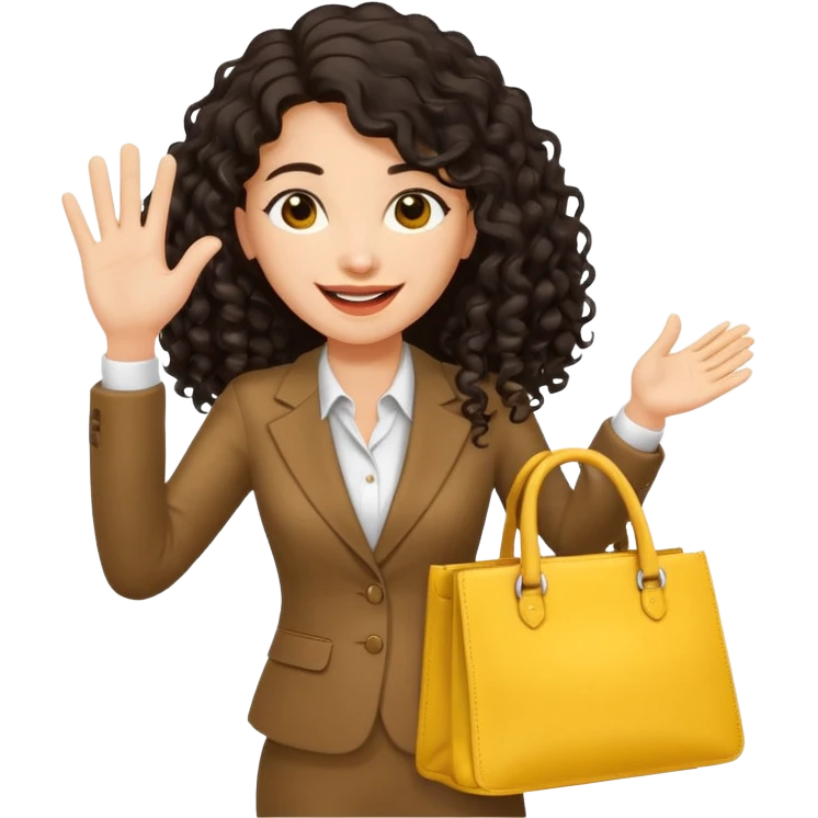 medium deep tan brown business woman with long black curly hair, waving hand with happy face with smile mouth and carrying yellow bag on her shoulder emoji