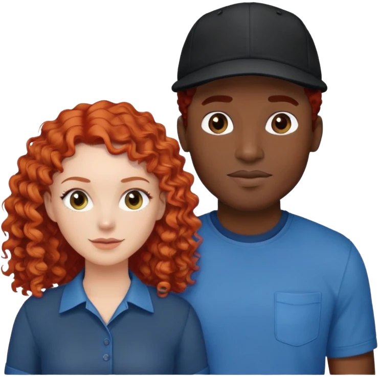 a couple a white woman with red curly hair and a black man in a blue shirt and black cap emoji