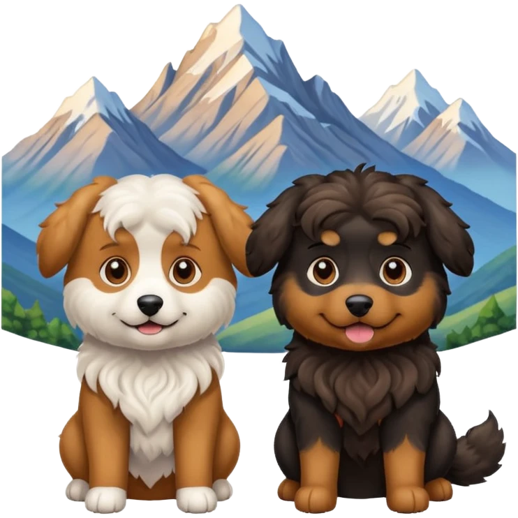 two dogs with wavy hair, one black and one brown with mountains emoji