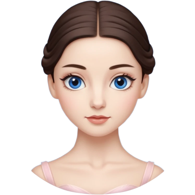 Realistic Ballerina Portrait, with porcelain-like skin featuring a natural rosy flush, illuminated by soft lighting that highlights the gentle contours of her face. Her Brunette hair flows in soft.Her deep blue eyes radiate framed by arched brows and long lashes. emoji