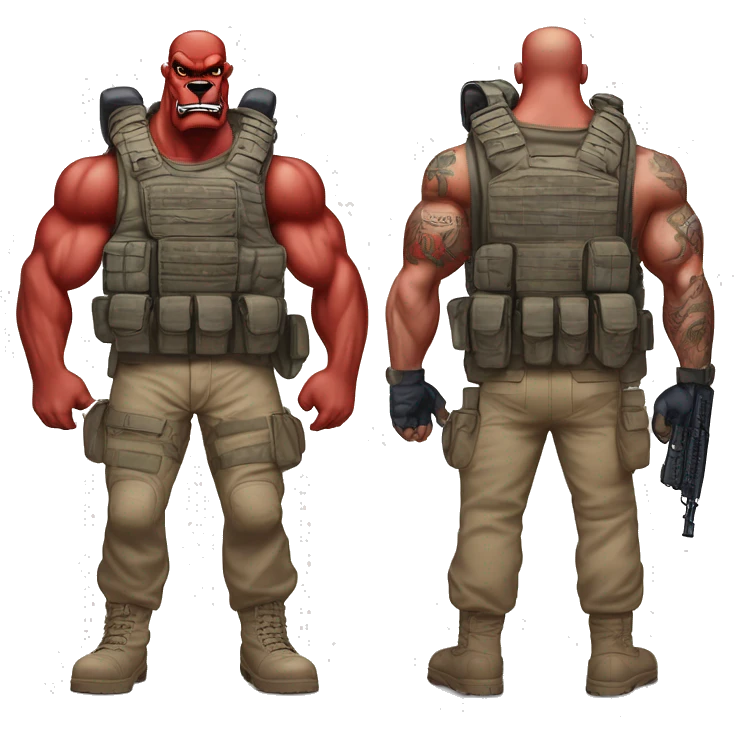 Desert storm daddy hot tall blue eyes Clifford the big red dog muscular with tattoos on arms book illustration humanoid as a military call of duty character standing alone emoji