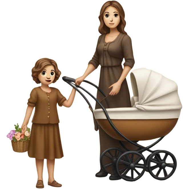 slavic beautiful mother with brown hair. next to caramel baby carriage emoji