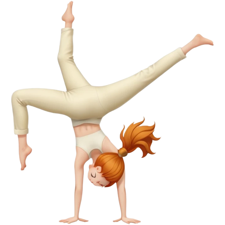 Ginger Girl side view handstand legs together straight legs iin cream pants emoji