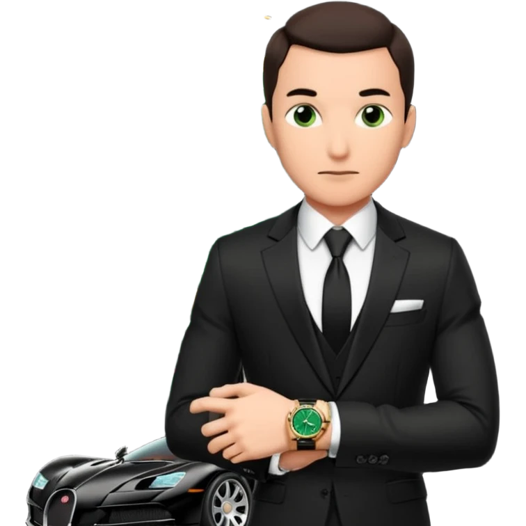 mysterious scenery: green audemars piguet watch (without text), black bugatti, and a dark green dragon, and a mysterious agent from The Matrix with his eyes censored emoji