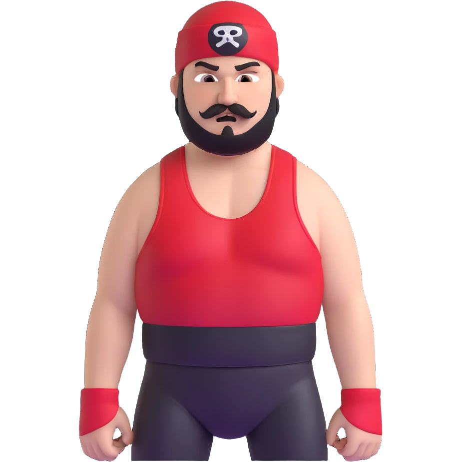 Close-up of very fat white skin guy with young face, beard and mustache, no muscle with prominent black durag, black eyes in a red and black wrestling singlet with angry face emoji