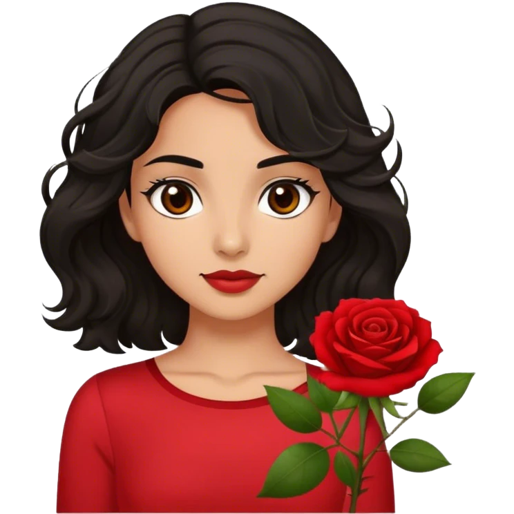 Olive skin Brown eyes black wavy hair red rose backround red top  emoji