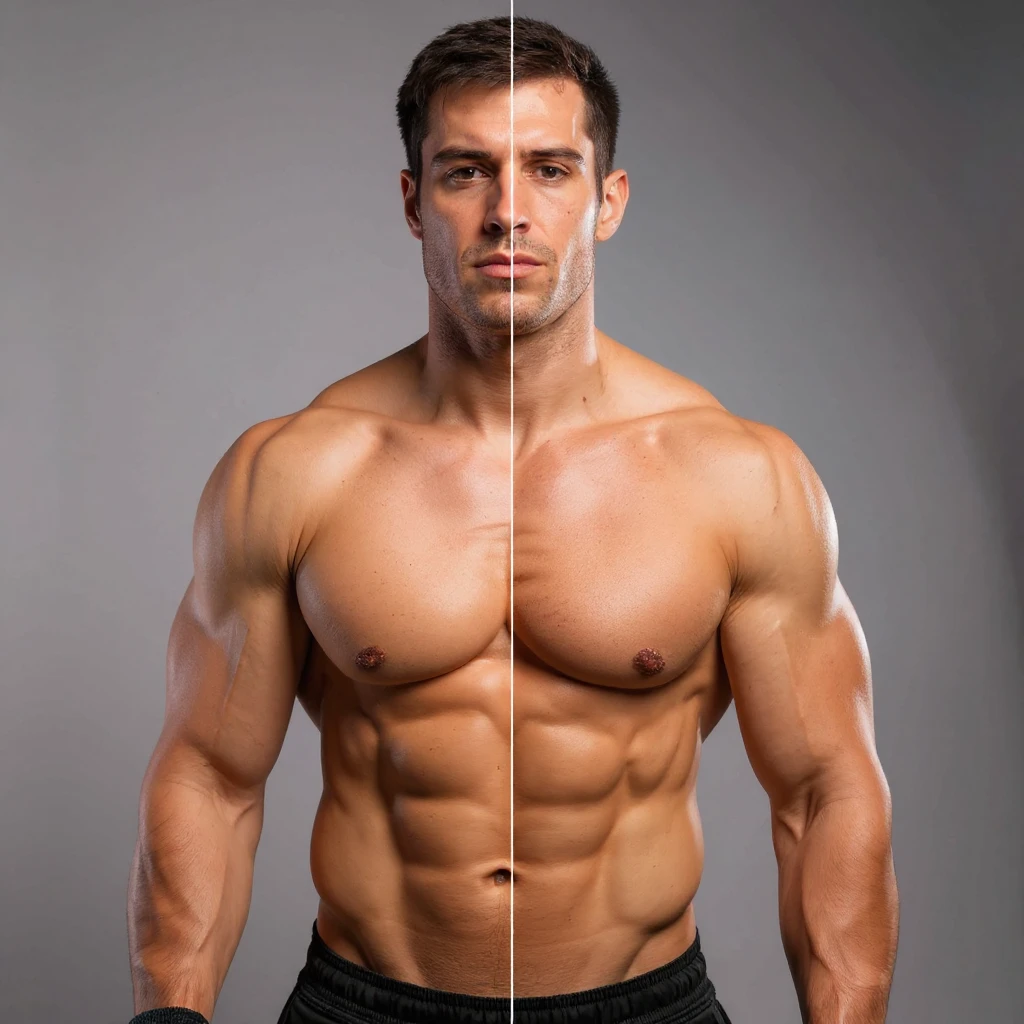 Realistic style image of a shirtless male bodybuilder, half body bulk (mass), half body cut (extreme definition), visible veins. Different expressions: serious, doubtful, satisfied. Neutral background. emoji