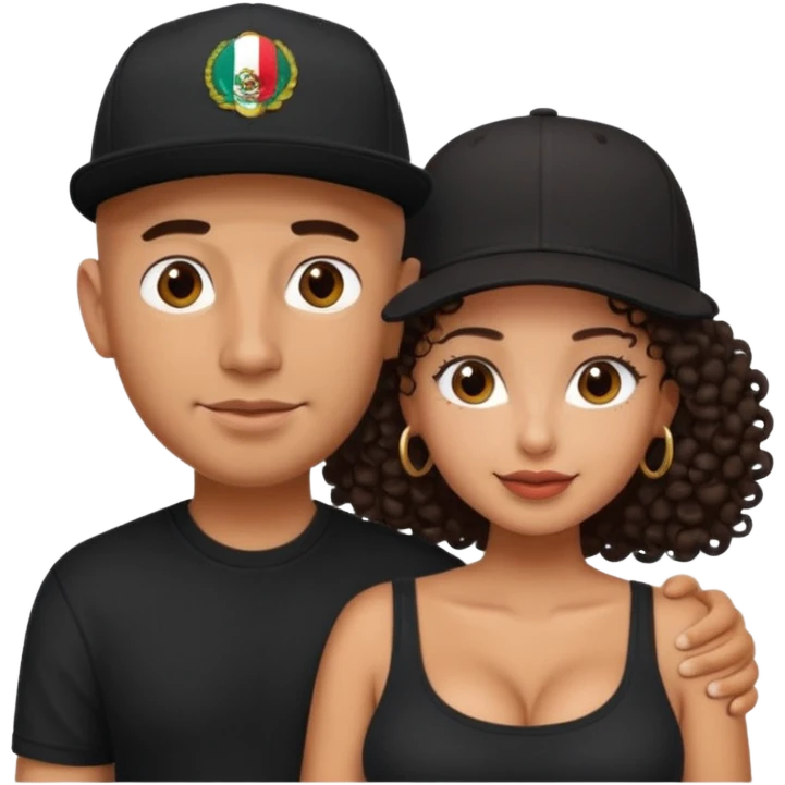 A picture of an embracing tanned couple. the man is a Mexican man with tanned skin, with a bald hair cut wearing a SnapBack hat and a black shirt. the woman has curly longer dark brown hair, thick and with big boobs   emoji