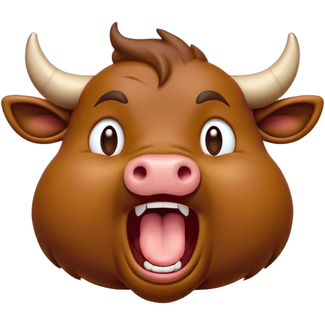 Cinematic Cute Yawning Brown Bull Portrait Emoji, Head tilted slightly with a dramatic, wide-open yawn, showcasing a smooth, rich brown hide with a subtle texture, floppy ears slightly drooping, round dark eyes barely open in drowsy contentment, Simplified yet irresistibly adorable features, highly detailed, glowing with a soft, cozy glow, high shine, relaxed yet expressive, stylized with a touch of rugged whimsy, bright and endearing, soft glowing outline, capturing the essence of a sleepy yet affectionate guardian, so drowsy it feels like it could charge right out of the screen and curl up for a nap! emoji